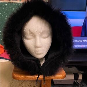 Cashmere wool Black real Fox Fur Hood with suede necktie